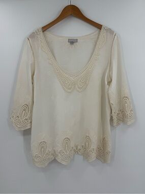 Sorrento Crochet Lace Trim Embroidered Boho Cotton Top | Cream | Small
